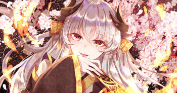 1girl black_kimono blush cherry_blossoms commentary_request dragon_girl dragon_horns fate/grand_order fate_(series) folded_fan folding_fan gevjon grey_hair hair_between_eyes hair_ornament hand_fan highres holding holding_fan horns japanese_clothes kimono kiyohime_(fate) kiyohime_(third_ascension)_(fate) long_hair long_sleeves looking_at_another looking_at_viewer multiple_horns open_mouth orange_eyes red_nails smile solo very_long_hair wide_sleeves