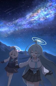 2girls absurdres ahoge armband black_gloves black_skirt blue_archive blue_eyes blue_necktie blue_vest breasts closed_eyes collared_shirt fingerless_gloves gloves green_hair green_halo hair_between_eyes halo heterochromia highres holding_hands hoshino_(blue_archive) large_breasts multiple_girls necktie open_mouth pink_hair pink_halo running sand sand_dune shirt shooting_star skirt sky smile star_(sky) starry_sky su_gyoza vest white_shirt yellow_eyes yume_(blue_archive)