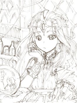 1girl adapted_costume alena_(dq4) book bored bottle cameo card circlet clift crystal_ball curtains daifuku1092 dragon_quest dragon_quest_iv earrings forehead_jewel fortune_teller greyscale hand_on_own_face highres jewelry light_frown long_hair minea_(dq4) monochrome multiple_rings neck_ring potion ring shelf sketch solo tarot tarot_card watching