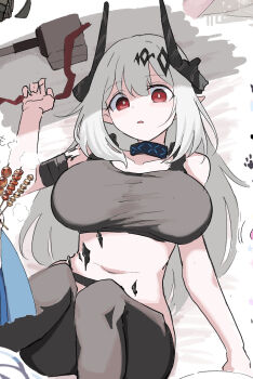 1girl arknights bandaged_arm bandages bare_shoulders black_horns black_pantyhose black_sports_bra bone_hiko breasts bright_pupils collarbone commentary_request crop_top horns infection_monitor_(arknights) large_breasts looking_at_viewer lying material_growth midriff mudrock_(arknights) navel oekaki on_back oripathy_lesion_(arknights) paint_chat_(medium) pantyhose parted_lips partial_commentary pointy_ears red_eyes sidelocks sleeveless solo sports_bra white_pupils