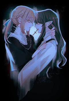2girls black_background black_gloves black_hair blue_eyes braid brown_hair commentary cross cross_necklace cwanotherworld fang gloves half_up_braid hand_on_another&#039;s_neck hashtag-only_commentary highres jewelry long_hair multiple_girls necklace necklace_in_mouth nun original pointy_ears red_eyes shirt vampire white_shirt yuri