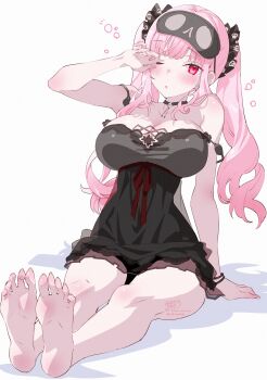 1girl ;o absurdres bare_shoulders barefoot black_choker black_mask black_nightgown black_scrunchie blush breasts choker commentary feet hair_ornament hair_scrunchie highres hololive hololive_english huge_breasts kamiya_maneki long_hair looking_at_viewer mori_calliope mori_calliope_(sleepwear) nightgown one_eye_closed open_mouth pink_eyes pink_hair red_ribbon ribbon rubbing_eyes scrunchie signature simple_background sitting skull_choker skull_print sleep_mask soles solo squeans strap_slip thighs twintails twitter_username virtual_youtuber white_background
