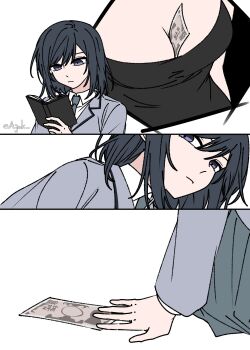 2girls a_jak banknote black_hair blue_eyes book breasts cleavage grey_jacket grey_necktie hair_between_eyes highres holding holding_book jacket long_sleeves medium_hair miyagi_shiori money multiple_girls necktie reading shuuniichido_classmate_wo_kau_hanashi tucked_money