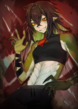 1girl absurdres black_pants black_shirt closed_mouth colored_inner_hair colored_sclera commentary crocodile_girl crocodilian_tail english_commentary fangs green_hair green_scales green_streaks highres indie_virtual_youtuber k_hku kairyu_crocodile looking_at_viewer multicolored_hair pants pointy_ears red_eyes shirt sleeveless sleeveless_shirt smile solo streaked_hair tail virtual_youtuber yellow_sclera