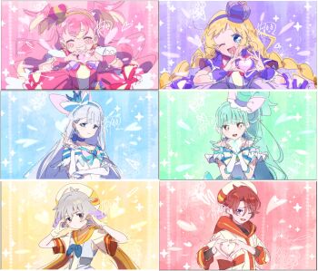 2boys 4girls ^_^ animal_ears antenna_hair aqua_bow aqua_bowtie aqua_hair bare_shoulders beret black_shirt blonde_hair blue_background blue_bow blue_choker blue_crown blue_eyes blue_neckerchief blue_sleeves blunt_bangs blush_stickers bow bow_choker bow_earrings bowtie bright_pupils brooch brown_eyes capelet choker closed_eyes closed_mouth commentary_request crown crown_earrings cure_friendy cure_lillian cure_nyammy cure_wonderful dated deerstalker dress earrings eyelashes fake_screenshot fingernails floppy_ears frilled_arm_warmers frilled_headwear frilled_sleeves frilled_wrist_cuffs frills gloves green_background grey_hair grin hair_bow hairband hand_on_own_elbow hands_on_own_cheeks hands_on_own_face hat hat_ornament heart heart_brooch heart_hands heart_hat_ornament high_side_ponytail highres inukai_iroha inukai_komugi jewelry large_bow layered_sleeves long_hair looking_at_viewer low_twintails magical_boy magical_girl mini_crown mini_hat mini_top_hat multicolored_background multicolored_hair multiple_boys multiple_girls neckerchief nekoyashiki_mayu nekoyashiki_yuki off-shoulder_dress off_shoulder one-eyed one_eye_closed parted_lips pink_background pink_bow pink_dress pink_hair pink_wrist_cuffs pocket precure puffy_short_sleeves puffy_sleeves purple_background purple_bow purple_bowtie purple_capelet purple_dress purple_eyes purple_hairband purple_hat purple_wrist_cuffs rabbit_ears red_background red_crown robe sailor_collar serizawa_serizane shirt short_dress short_hair short_sleeves sidelocks signature single_stripe smile snapping_fingers sparkle streaked_hair striped_bow striped_bowtie striped_clothes striped_tail tail top_hat toyama_daifuku toyama_daifuku_(magical_boy) toyama_satoru turtleneck turtleneck_shirt twintails two_side_up upper_body very_long_hair white_arm_warmers white_bow white_dress white_gloves white_hat white_pupils white_robe white_shirt white_sleeves wonderful_precure! wrist_cuffs yellow_background yellow_bow yellow_bowtie yellow_hairband yellow_pupils yellow_sailor_collar