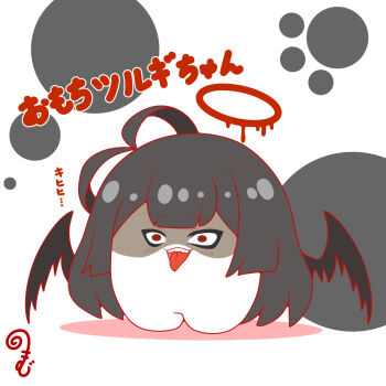 Rule 34 | :d, ahoge, black hair, black wings, blue archive, chibi, colored shadow, commentary request, halo, highres, kurukurumagical, long hair, open mouth, outline, red eyes, red outline, shaded face, shadow, smile, solo, standing, tongue, tongue out, translation request, tsurugi (blue archive), very long hair, white background, wings