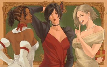 3girls ada_wong arm_behind_back arm_behind_head bare_shoulders black_choker black_hair black_shrug blonde_hair bow box breasts brown_eyes butterfly_hair_ornament choker cleavage commentary cornrows dark-skinned_female dark_skin dress earrings elbow_gloves english_commentary gift gift_box gloves gold_dress grace_ashcroft green_background hair_ornament highres hirusuhi holding holding_gift jewelry looking_at_viewer medium_breasts medium_hair multiple_girls necklace off-shoulder_dress off_shoulder open_mouth parted_lips ponytail red_bow red_dress resident_evil resident_evil_5 resident_evil_requiem sheva_alomar short_hair shrug_(clothing) smile upper_body white_dress white_gloves