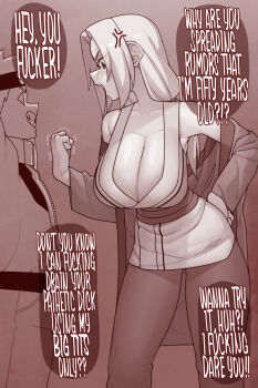 1boy 1girl anger_vein blank_eyes blush breasts cleavage clenched_hand collarbone ekz_(robotekz) english_text forehead_protector hand_on_back huge_breasts japanese_clothes kimono long_hair naruto_(classic) naruto_(series) open_mouth pants red_theme smile speech_bubble spiked_hair trembling tsunade_(naruto) uzumaki_naruto