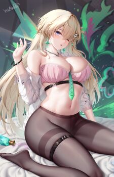 1girl bare_shoulders blonde_hair breasts chinese_commentary commentary_request earrings feet green_necktie hair_between_eyes hair_ornament hand_up highres jewelry large_breasts legs long_hair looking_at_viewer lynae_(wuthering_waves) navel necktie no_pants no_shoes off_shoulder one_eye_closed open_clothes open_mouth open_shirt pantyhose purple_eyes shirt signature sitting skull_hair_ornament solo spray_can star_(symbol) star_earrings stomach thigh_strap thighband_pantyhose toes very_long_hair wariza white_shirt wsman wuthering_waves