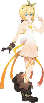 Rule 34 | 1girl, artist request, black boots, black choker, blonde hair, blue eyes, boots, brown hairband, choker, closed mouth, dress, edna (tales), full body, game cg, gloves, green ribbon, hair ornament, hair ribbon, hairband, highres, holding, leg ribbon, looking at viewer, official art, ribbon, short hair, side ponytail, single glove, smile, solo, standing, standing on one leg, tales of (series), tales of asteria, tales of zestiria, third-party source, transparent background, tress ribbon, v, white dress