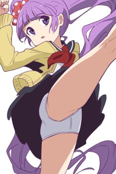 Rule 34 | 1girl, alternate costume, bad id, bad twitter id, female focus, flat chest, highres, hiroki (yyqw7151), kicking, long hair, miniskirt, panties, pantyshot, purple eyes, purple hair, skirt, solo, sophie (tales), sweater, tales of (series), tales of graces, twintails, underwear, white background, white panties