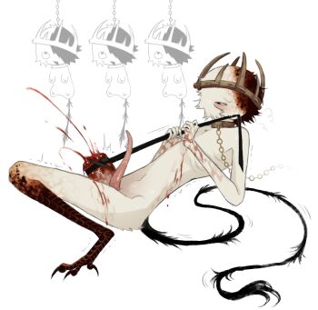 1boy amputee bird_legs black_tail bleeding blood blood_on_arm blood_on_chest blood_on_leg brown_collar chain collar commentary crown ember_(jejejunum) english_commentary erection guro hanged highres implied_suicide jejejunum male_focus masochism metal_collar monster_boy narrowed_eyes original pain penis penis_tentacle severed_leg severed_limb simple_background solo tentacles tourniquet white_background