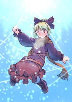 1girl black_boots black_bow black_shirt blonde_hair blue_background blush boots bow breath brown_dress brown_scarf closed_mouth commentary_request dot_mouth dress full_body hair_bow hair_bun kurodani_yamame light_particles long_sleeves rangycrow red_eyes scarf shirt short_hair silk solo spider_web touhou |_|