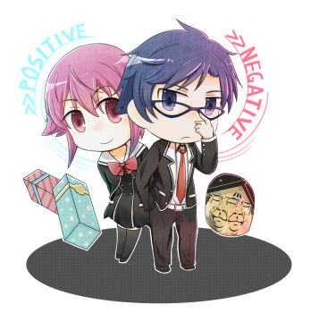 1boy 1girl blue_eyes blue_hair blush chaos;child chibi commentary_request gift glasses hekiho_academy_school_uniform jacket kurin_skybell miyashiro_takuru necktie onoe_serika pants pink_eyes pink_hair red_necktie school_uniform science_adventure short_hair simple_background smile sumo_sticker_(chaos;child) white_background