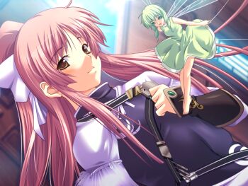 2girls :d bow breasts brown_eyes clenched_hand dungeon_crusaderz dutch_angle erika_rouleburg fairy fairy_wings game_cg green_eyes green_hair hair_bow long_hair looking_at_viewer m&amp;m_(mickey_and_mackey) multiple_girls open_mouth pink_hair pippi_(dungeon_crusaderz) smile white_bow wings