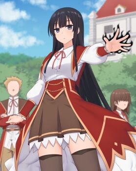 Rule 34 | 1boy, 2girls, akuyaku reijou level 99: watashi wa ura-boss desu ga maou dewa arimasen, black eyes, black hair, blue sky, blurry, breasts, brown skirt, brown thighhighs, capelet, closed mouth, cloud, collared shirt, commentary request, commission, day, depth of field, faceless, faceless female, faceless male, highres, long hair, long sleeves, looking at viewer, miyo (ranthath), multiple girls, neck ribbon, pink ribbon, puffy long sleeves, puffy sleeves, red capelet, red overskirt, ribbon, school uniform, shirt, skeb commission, skirt, sky, small breasts, solo focus, thighhighs, umbrakinesis, very long hair, white shirt, yumiella dolkness