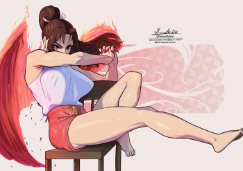 1girl angel_wings barefoot breasts brown_eyes brown_hair chair commentary covered_erect_nipples doktor_malefic english_commentary the_fallen_angel_(painting) fatal_fury fire full_body high_ponytail highres large_breasts long_hair ponytail red_nails red_shorts red_wings shiranui_mai short_shorts shorts sitting tank_top the_king_of_fighters thighs white_tank_top wings