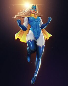 1girl amulet artist_request blonde_blazer blonde_hair blue_boots blue_eyes blue_gloves blue_mask bodysuit boots breasts cape clenched_hands curvy dispatch eye_mask flying gem gloves hands_up highres long_hair mask medium_breasts multicolored_bodysuit muscular muscular_female red_gemstone red_lips short_cape superhero_costume thigh_boots toned toned_female yellow_cape