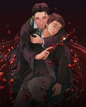 2boys black_coat black_hair black_robe brown_hair closed_eyes coat elice-mami freckles glowing glowing_eyes green_necktie highres hogwarts_legacy hogwarts_school_uniform holding holding_wand hooded_robe male_focus multiple_boys necktie pants plaid_clothes plaid_pants protagonist_(hogwarts_legacy) red_eyes robe school_uniform sebastian_sallow short_hair slytherin striped_necktie wand wizarding_world