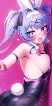 1girl against_wall animal_ears backless_outfit black_leotard blush breasts detached_collar fake_animal_ears fake_tail fishnet_pantyhose fishnets hair_ornament hatsune_miku highleg highleg_leotard highres large_breasts leotard looking_at_viewer morros object_in_bra open_mouth pantyhose pink_pupils playboy_bunny pure_pure_(rabbit_hole) rabbit_ears rabbit_hole_(vocaloid) rabbit_tail solo strapless strapless_leotard tail teardrop_facial_mark vocaloid x_hair_ornament