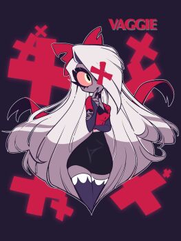 1girl black_choker black_skirt bow character_name choker colored_sclera colored_skin commentary cropped_legs grey_skin grey_thighhighs hair_bow hair_over_one_eye hazbin_hotel hellaverse highres long_hair orange_sclera red_bow red_shirt shirt skirt solo symbol-only_commentary thighhighs torikago_0226 vaggie very_long_hair white_hair yellow_eyes