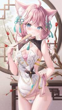 1girl absurdres ahoge alternate_costume animal_ears aqua_eyes blush braid breasts chijo china_dress chinese_clothes closed_mouth clothes_lift collarbone commentary_request dress embarrassed female_pervert folding_fan hakui_koyori hand_fan highres holding holding_fan hololive lifting_own_clothes looking_at_viewer nose_blush panties pervert shirt_lift sleeveless sleeveless_dress small_breasts smile underwear virtual_youtuber white_panties wolf_ears wolf_girl zi_yue_liuli