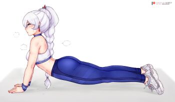 1girl ass back blue_eyes blue_leggings bluefield blush braid braided_ponytail breasts earrings highres jewelry leggings pants ponytail rwby shoes sneakers solo sports_bra sweat weiss_schnee white_hair yoga yoga_pants