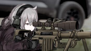 1girl aiming bdp_lee black_gloves blurry blurry_background bolt_action brown_eyes brown_jacket cheytac_m200 commentary double-parted_bangs ear_protection frown girls&#039;_frontline gloves grey_hair gun hair_between_eyes highres hood hooded_jacket jacket looking_through_scope low_ponytail lying m200_(girls&#039;_frontline) magazine_(weapon) medium_hair on_stomach outdoors ponytail rifle scope sidelocks sketch sniper_rifle solo upper_body weapon