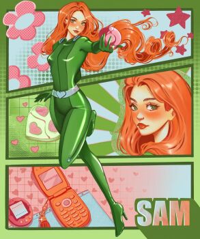 Rule 34 | 1girl, anniversse, blush, bodysuit, character name, closed mouth, commentary, eyelashes, floating hair, full body, green bodysuit, green eyes, high heels, highres, holding, looking at viewer, looking back, multiple views, orange hair, phone, sam (totally spies!), sparkle, star (symbol), tamagotchi, tamagotchi (virtual pet), totally spies!, virtual pet (toy), whoop catsuit