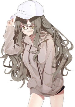 1girl blush brown_hair cap character_name futaba_rio glasses highres long_hair seishun_buta_yarou simple_background sweater tagme very_long_hair white_background white_cap yellow_eyes