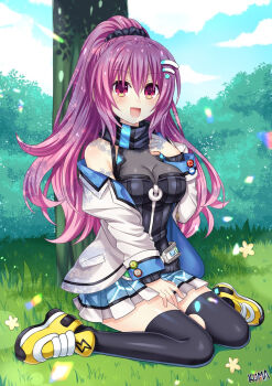 1girl bare_shoulders between_legs black_ribbon black_vest blue_skirt blush breasts choujigen_game_neptune_sisters_vs_sisters clothes_pull day full_body gradient_eyes hair_between_eyes hair_ornament hair_ribbon hairclip hand_between_legs hand_on_own_chest hand_up happy highres jacket jacket_pull legs lewdkuma long_hair looking_at_viewer maho_(neptunia) medium_breasts miniskirt multicolored_eyes neptune_(series) on_grass on_ground open_clothes open_jacket outdoors pink_eyes pink_hair pleated_skirt ponytail power_symbol ribbon shoes sitting skirt sneakers solo thighhighs thighs torn_clothes torn_thighhighs tree very_long_hair vest white_jacket yellow_eyes