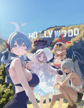 Rule 34 | 4girls, ako (blue archive), blue archive, blue eyes, blue hair, breasts, california, chinatsu (blue archive), dark-skinned female, dark skin, day, glasses, grey hair, hat, highres, hina (blue archive), hollywood sign, iori (blue archive), long hair, looking at viewer, los angeles, m.q (mqkyrie), medium hair, multiple girls, open mouth, orange hair, outdoors, prefect team (blue archive), sideboob, small breasts, smile, twintails, very long hair, white hair