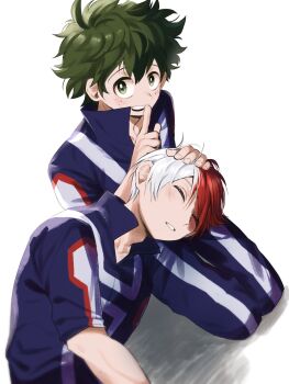 boku_no_hero_academia freckles green_hair highres kotanene looking_at_viewer lying_on_lap midoriya_izuku red_hair scar sleeping sportswear tododeku todoroki_shoto white_hair yaoi