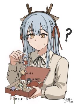 6+girls animal_ears ave_mujica_(bang_dream!) bang_dream! bang_dream!_it's_mygo!!!!! black_ribbon blue_hair box candy_yu chinese_text commentary cookie dual_persona fake_animal_ears fake_antlers food grey_shirt highres lifting_mini_person long_hair long_sleeves mini_person misumi_uika multiple_girls neck_ribbon ribbon santa_costume shirt sidelocks simple_background symbol-only_commentary togawa_sakiko translation_request upper_body wakaba_mutsumi white_background yahata_umiri yellow_eyes yuutenji_nyamu