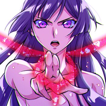 1girl absurdres breasts chromatic_aberration cleavage code_geass code_geass:_dakkan_no_roze commentary_request geass highres hime_cut looking_at_viewer nr.zehn nude open_mouth pointing pointing_at_viewer purple_eyes purple_hair simple_background solo straight-on sumeragi_sakuya teeth upper_teeth_only white_background