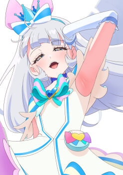 1girl armpits blue_choker blue_hairband bow brooch choker crown crown_earrings cure_nyammy dress dress_bow earrings hairband heart heart_brooch highres jewelry open_mouth pact_holder precure shiny_cats_pact solo tiler_(tiler00) white_hair wonderful_precure!