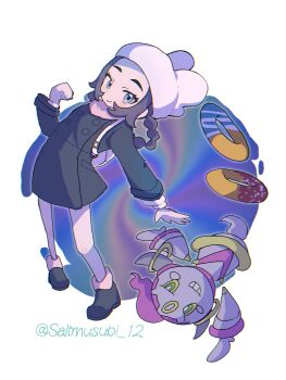 1girl ansha_(pokemon) bag black_coat black_hair blue_eyes blush braid closed_mouth coat donut food full_body gen_6_pokemon hat highres hoopa hoopa_(confined) legendary_pokemon long_hair long_sleeves mythical_pokemon nintendo open_mouth pink_scarf pokemon pokemon_(creature) pokemon_legends:_z-a saltmusubi_12 scarf smile teeth white_hat winter_clothes winter_coat
