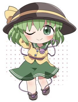 1girl ;) black_hat black_shoes blush buttons chibi chibi_only closed_mouth collared_shirt commentary_request contrast_collar diamond_button frilled_shirt_collar frills full_body green_eyes green_hair green_skirt hat hat_ribbon heart heart_of_string highres komeiji_koishi long_sleeves looking_at_viewer one_eye_closed ribbon rokugou_daisuke shirt shoes short_hair signature simple_background skirt smile solo standing third_eye touhou white_background yellow_ribbon yellow_shirt