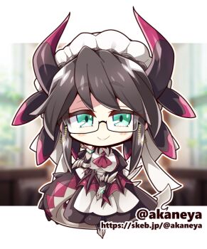1girl akaneya aqua_eyes black_dress black_hair chibi commission dragon_girl dragon_horns dragon_tail dragon_wings dress duel_monster full_body glasses horns house_dragonmaid low_wings maid maid_headdress semi-rimless_eyewear skeb_commission solo tail twitter_username under-rim_eyewear wings yu-gi-oh!
