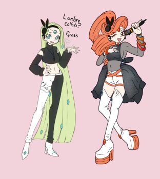 Rule 34 | 1girl, ;d, blue eyes, boots, bracelet, clothing cutout, crop top, detached sleeves, earpiece, forehead jewel, full body, gen 5 pokemon, green hair, humanization, jewelry, legendary pokemon, long hair, mai artwork, meloetta, meloetta (aria), meloetta (pirouette), microphone, musical note, mythical pokemon, navel cutout, nintendo, one eye closed, open clothes, open mouth, open skirt, platform boots, pokemon, red eyes, red hair, shirt, shorts, simple background, skirt, smile, two-tone leggings, very long hair