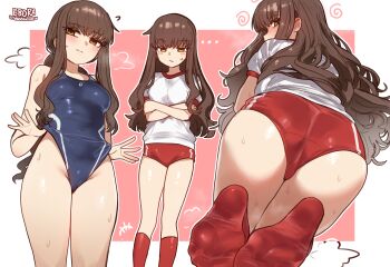 1girl absurdres artist_logo ass bad_link blue_one-piece_swimsuit breasts brown_eyes brown_hair buruma crossed_arms ebora fate/extra fate/grand_order fate_(series) feet gym_uniform highleg highleg_one-piece_swimsuit highres kishinami_hakuno_(female) kneehighs logo long_hair medium_breasts multiple_views no_shoes one-piece_swimsuit red_buruma red_socks school_swimsuit shirt smell socks soles steam swimsuit toes white_shirt