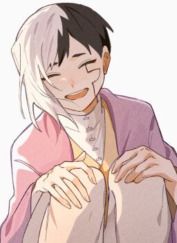 0a_9_(pixiv82791714) 1boy asagiri_gen asymmetrical_hair black_hair closed_eyes cracked_skin dr._stone facing_viewer hands_on_own_knees jacket long_sleeves male_focus multicolored_hair open_mouth pants pink_jacket shirt short_hair smile solo split-color_hair two-tone_hair white_background white_hair white_pants white_shirt