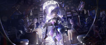 6+girls absurdres analog_clock beret black_dress black_footwear black_pantyhose book bookshelf brown_hair chinese_commentary clock commentary_request doll_joints dress hat herta_(honkai:_star_rail) herta_(puppet)_(honkai:_star_rail) highres honkai:_star_rail honkai_(series) indoors joints long_hair multiple_girls pantyhose portrait_(object) purple_eyes siroka smile the_herta_(honkai:_star_rail) witch_hat