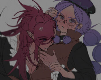 1boy 1girl alchemist_cookie asymmetrical_bangs between_breasts black-framed_eyewear black_hat black_shirt blurry blush braid breasts brother_and_sister brown_jacket collared_jacket commentary_request cookie_run depth_of_field eyes_visible_through_hair film_grain frilled_shirt frills full-face_blush grey_background grin hair_behind_ear hair_over_one_eye hand_on_another's_wrist hand_up hat head_between_breasts hetero humanization incest jacket korean_commentary long_hair long_sleeves looking_at_another looking_at_viewer low_twin_braids parted_lips pointy_ears ponong purple_eyes purple_hair purple_hat purple_nails red_hair red_nails round_eyewear semi-rimless_eyewear shirt siblings simple_background sleeveless sleeveless_jacket small_breasts smile striped_clothes striped_hat striped_headwear sweat twin_braids two-tone_hat two-tone_headwear upper_body v-shaped_eyebrows vampire_cookie