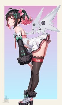 1girl absurdres angel_wings border commentary english_commentary full_body high_heel_sandals high_heels highres leaning_forward nangong_yu outside_border sandals short_hair solo unstableboiler white_border wings zenless_zone_zero
