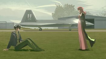 1boy 1girl aircraft airplane arms_behind_back black_coat black_hair black_jacket coat dress field from_side full_body green_shirt hangar highres hood hood_down jacket knees_up long_hair looking_at_another ma_someru original outdoors path red_dress red_hair road shirt short_hair sitting standing tree