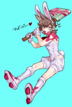 Rule 34 | 1boy, androgynous, animal ears, animification, antenna hair, aqua background, axe, bikmo321, bishounen, blood, blood on face, bloody weapon, boots, brown eyes, bulge, clothing cutout, commentary, cosplay, crossdressing, crossdressing (mtf), eddsworld, fake animal ears, fake tail, fangs, fate/grand order, fate (series), flipped hair, full body, gloves, hair ears, highres, holding, holding axe, leotard, looking at viewer, male focus, male playboy bunny, nontraditional playboy bunny, open mouth, paul bunyan (fate), paul bunyan (fate) (cosplay), paul bunyan (festival outfit) (fate), rabbit ears, rabbit tail, roller skates, short hair, shorts, simple background, skates, solo, tachi-e, tail, tord (eddsworld), translation request, weapon, white boots, white gloves, white leotard, white shorts