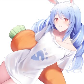 1girl absurdres alternate_costume animal_ear_fluff animal_ears blue_hair bottomless breasts commentary_request highres hololive ichi-go long_hair looking_at_viewer multicolored_hair orange_eyes rabbit_ears rabbit_girl simple_background small_breasts smile solo standing twintails two-tone_hair usada_pekora virtual_youtuber white_background white_hair