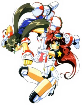 1990s_(style) 2girls aqua_eyes blue_eyes brown_hair clenched_hand idol_project long_hair looking_at_viewer mimu_emilton multiple_girls necktie non-web_source official_art open_mouth over-kneehighs ranrang_palpu red_hair retro_artstyle round_eyewear semi-rimless_eyewear side_slit simple_background star_(symbol) star_print suzuki_noritaka thighhighs twintails white_background