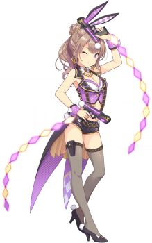 1girl ;) black_shoes black_shorts bow bowtie breasts brown_hair cleavage foot_up full_body game_cg grey_thighhighs gun h&amp;k_usp h&amp;k_usp_match hair_bun handgun high_heels highres holding holding_gun holding_weapon long_hair looking_at_viewer medium_breasts micro_shorts non-web_source official_art one_eye_closed ongeki polka_dot_vest ponytail purple_eyes purple_vest saotome_ayaka shoes shorts simple_background single_hair_bun smile solo thighhighs transparent_background vest weapon white_bow white_bowtie